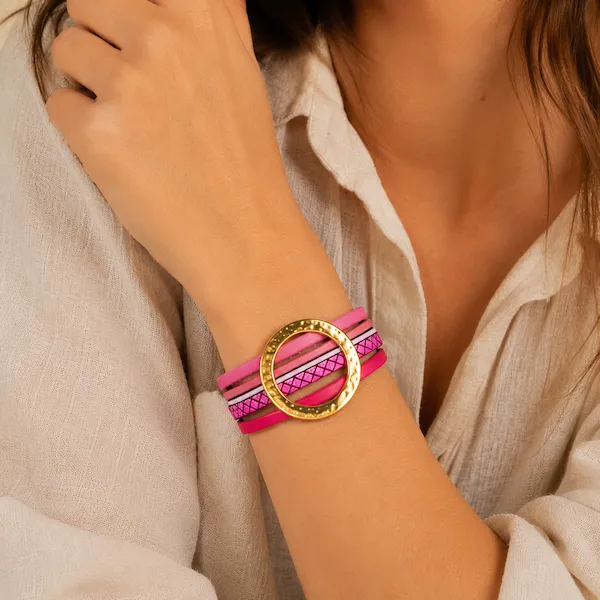 Bracelet cuir femme lanières rose