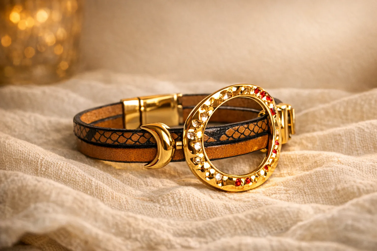 Bracelet en cuir véritable pour femme, création artisanale camel et doré