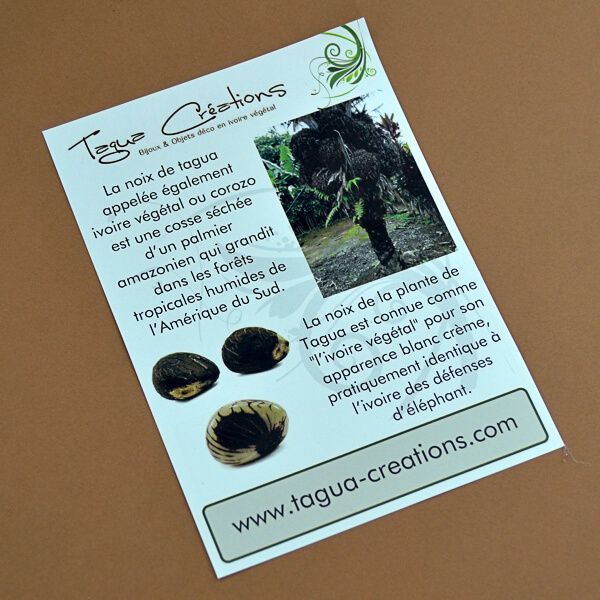 Flyer explicatif sur l'ivoire végétal remis lors d'un achat sur notre site Tagua Créations