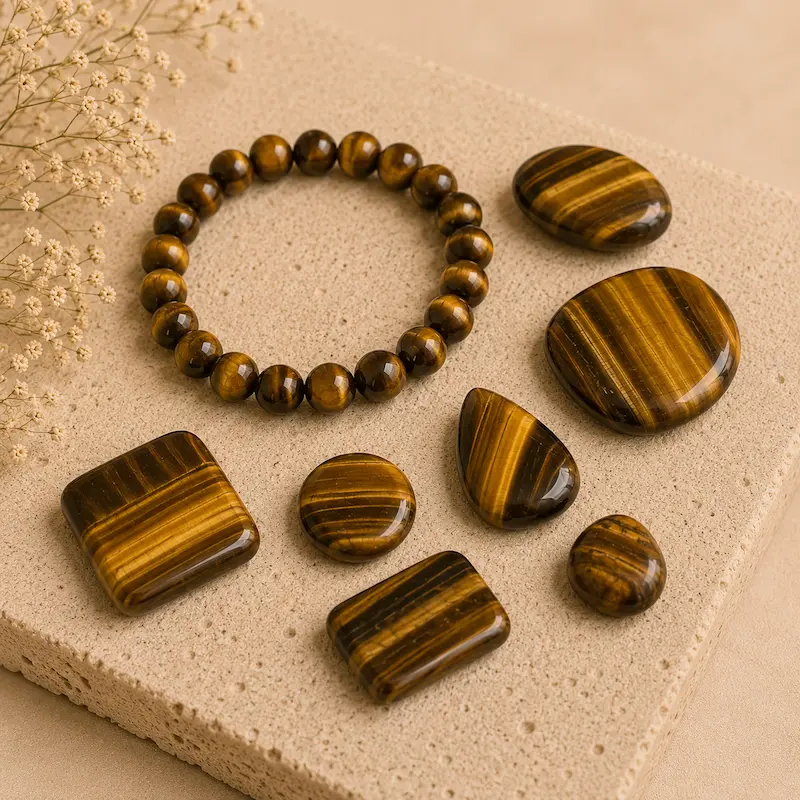 Perles et pierres polies en œil de tigre