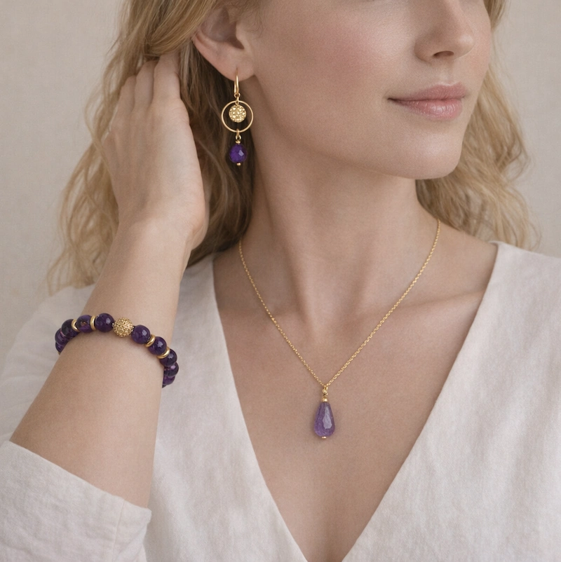 parure de bijoux en amethyste naturelle