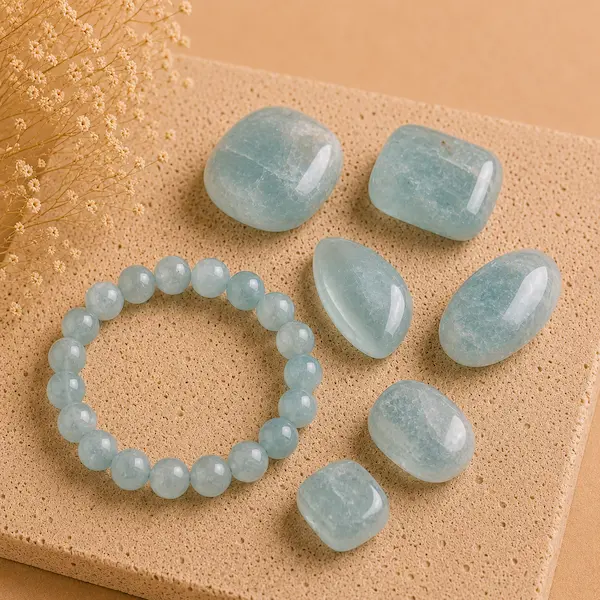 Perles et pierres polies en Aigue-marine