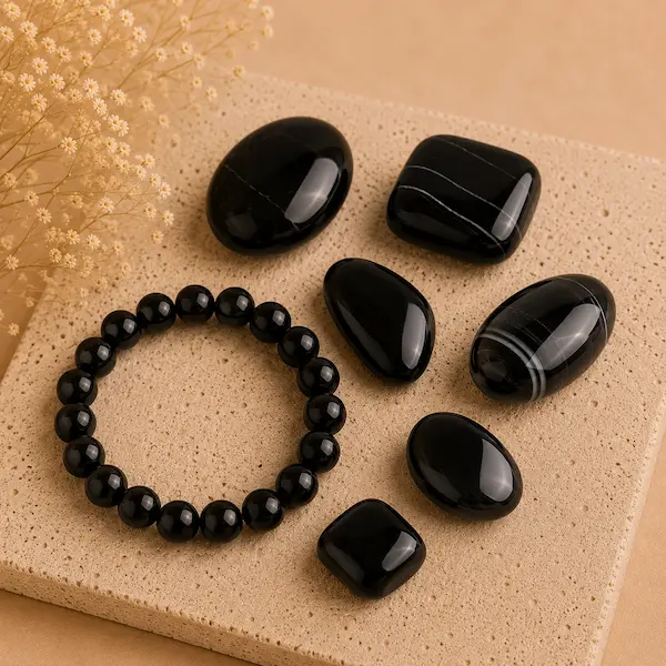 Perles et pierres polies en Onyx noire